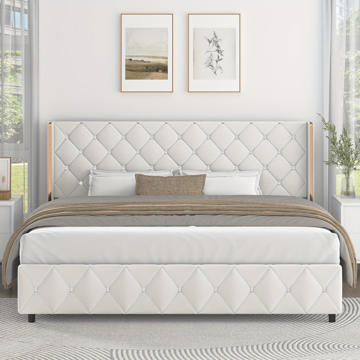 Twin Full Queen King Size Bed Frame, Upholstered Bed Frame with Diamond Tufted Headboard, Modern Silvery Side Wing Back, No Box Spring Needed, Easy Assembly, Purple, Black, Blue, Green, Pink, White