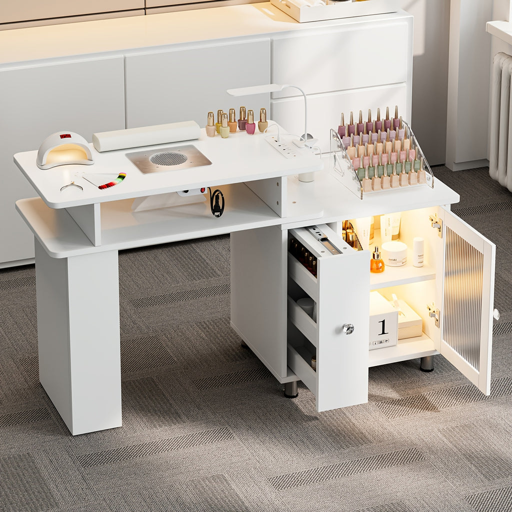 Paddie Manicure Table Nail Desk, Glass Cabinet Door Nail Table Station W/Dust Collector, Removable Acrylic Container, Cabinet And Drawer