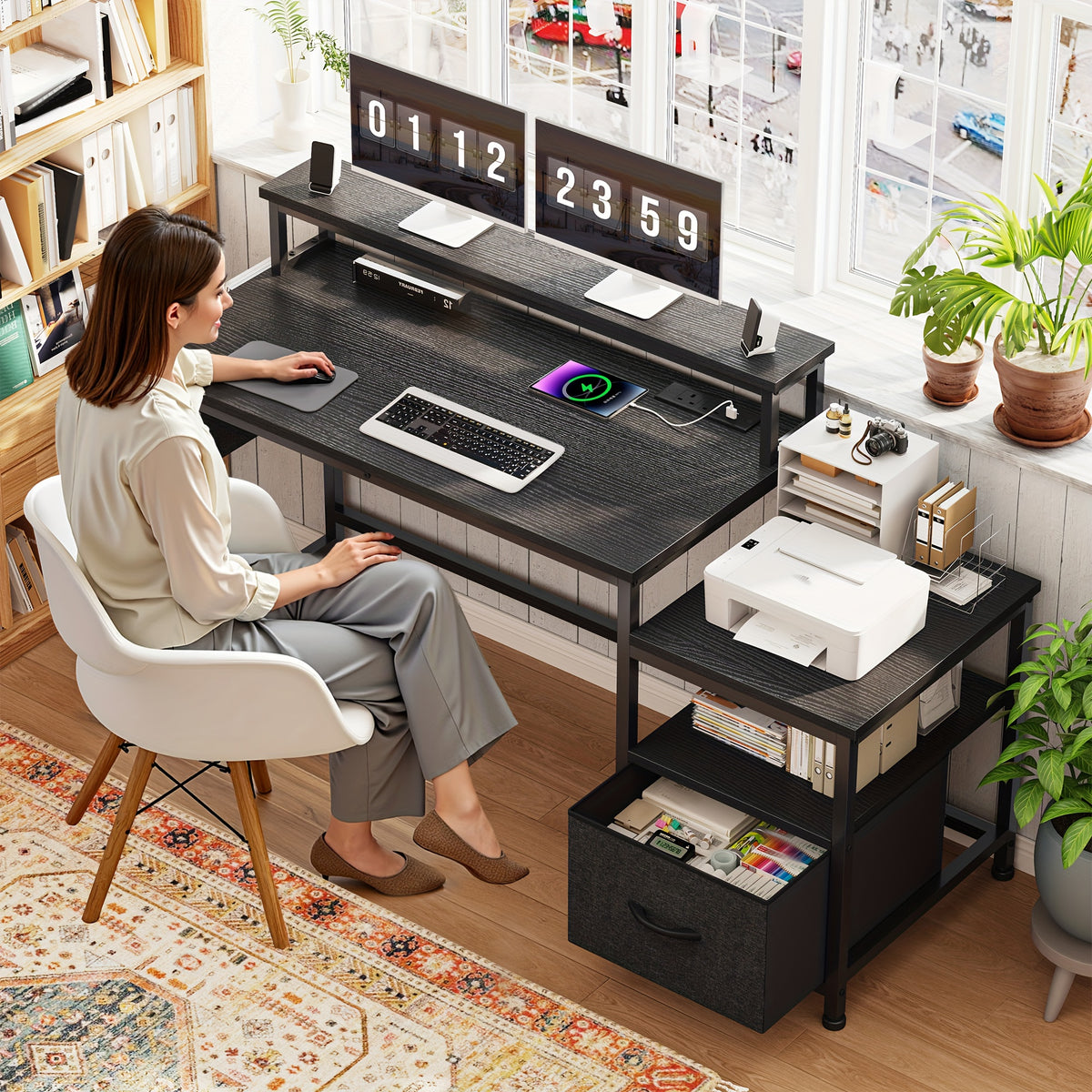 EnHomee 57" Computer Desk With Drawers And Printer Space, Office Desk With Power Outlets, Home Office Desks With File Drawers Cabinet, Study Writing And Gaming Desk With Shelves Monitor Stand