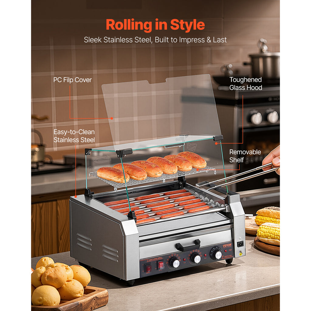VEVOR Hot Dog Roller 5 Rollers 12 Hot Dogs /7 Rollers 18 Hot Dogs Capacity, Stainless Sausage Grill Cooker Machine with Dual Temp Control Glass Hood Acrylic Cover Bun Warmer Shelf Removable Oil Drip Tray