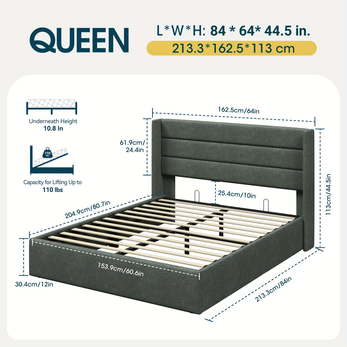 WEEWAY Lift Up Storage Bed, Modern Wingback Upholstered Headboard, Hydraulic Platform Bed, Wooden Slats Support, Heavy Duty Mattress Foundation, No Box Spring Needed, Easy Assembly, Full/Queen/King Size, for House Bedroom Furniture, Free Shipping