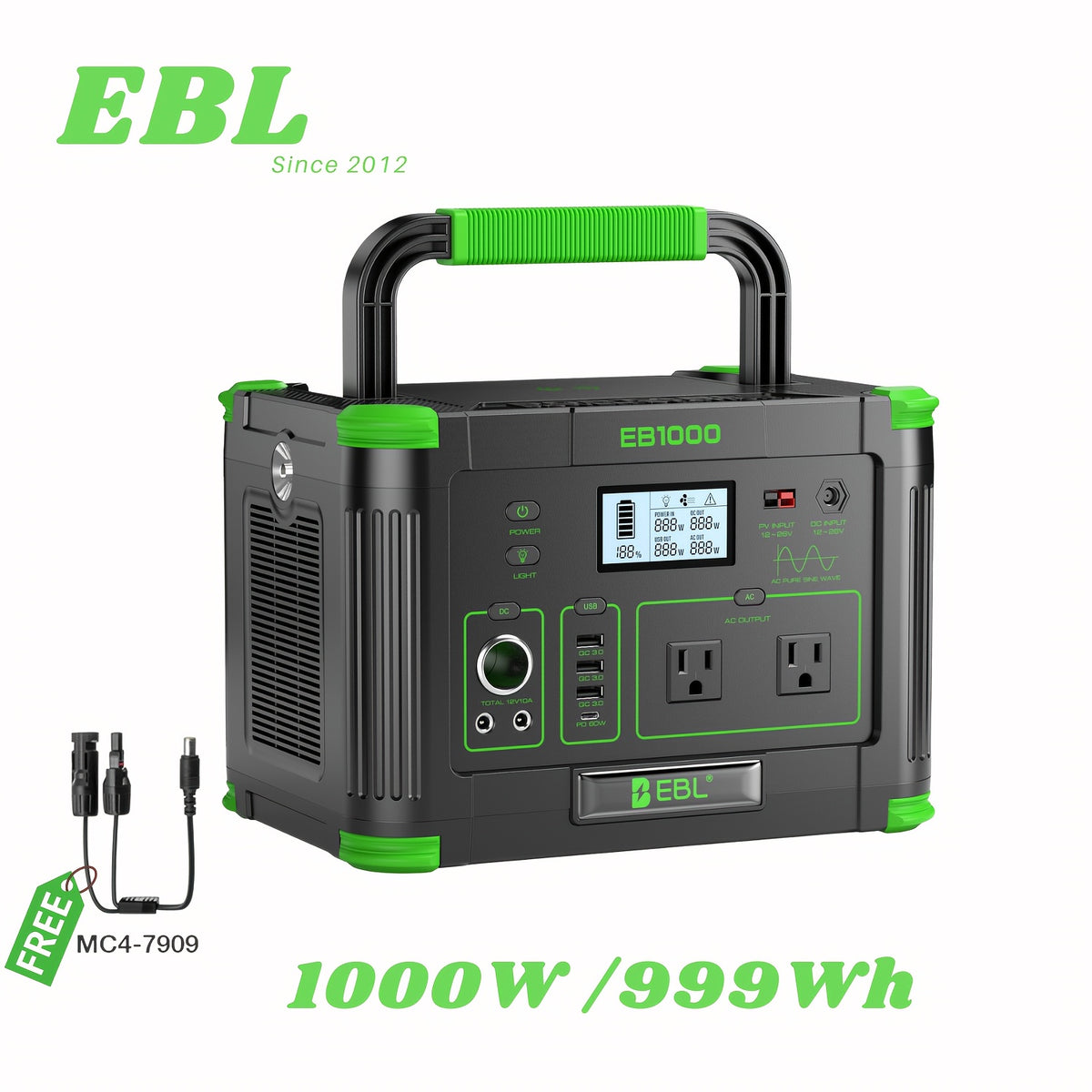 1000W Portable Power Station, Solar Generator 999Wh (Peak 2000W), Power Station with 110V Pure Sine Wave AC Outlet, Digital Display, PD 60W USB-C Fast Charging, Backup Battery for Home Emergency, Outdoor Camping, Road Trips