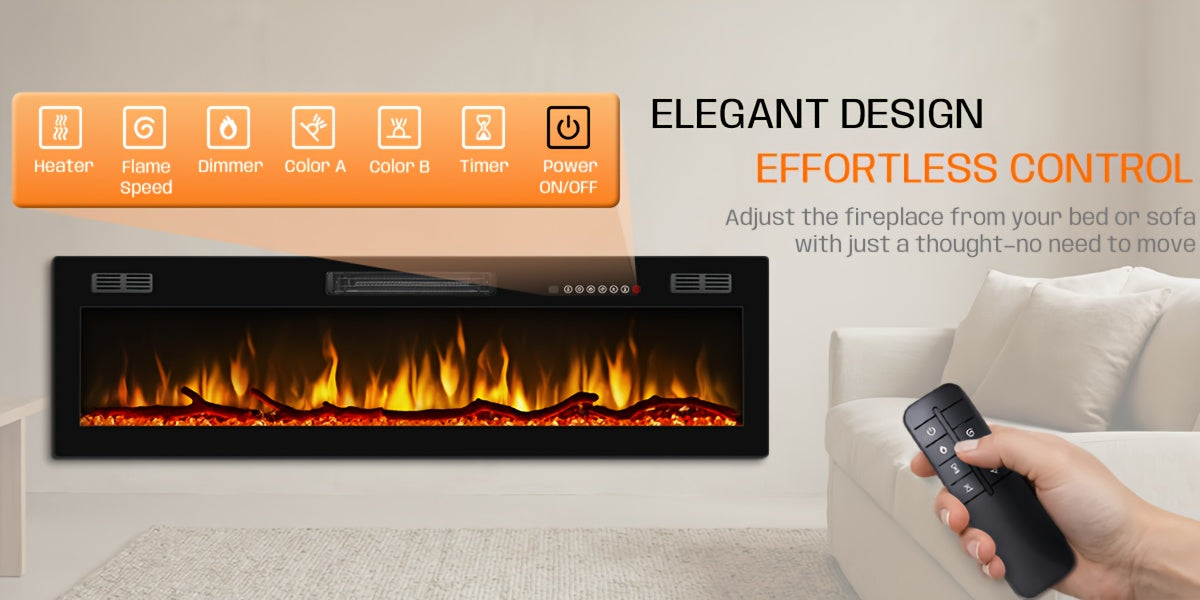 50/60/68/72 Inch Electric Fireplace, Recessed And Wall Mounted Fireplace, Fireplace Heater with Remote Control, Linear, Ultra-Thin Fireplace Heater with 12 Adjustable Flame Color, Log & Crystal Options, 750/1500W