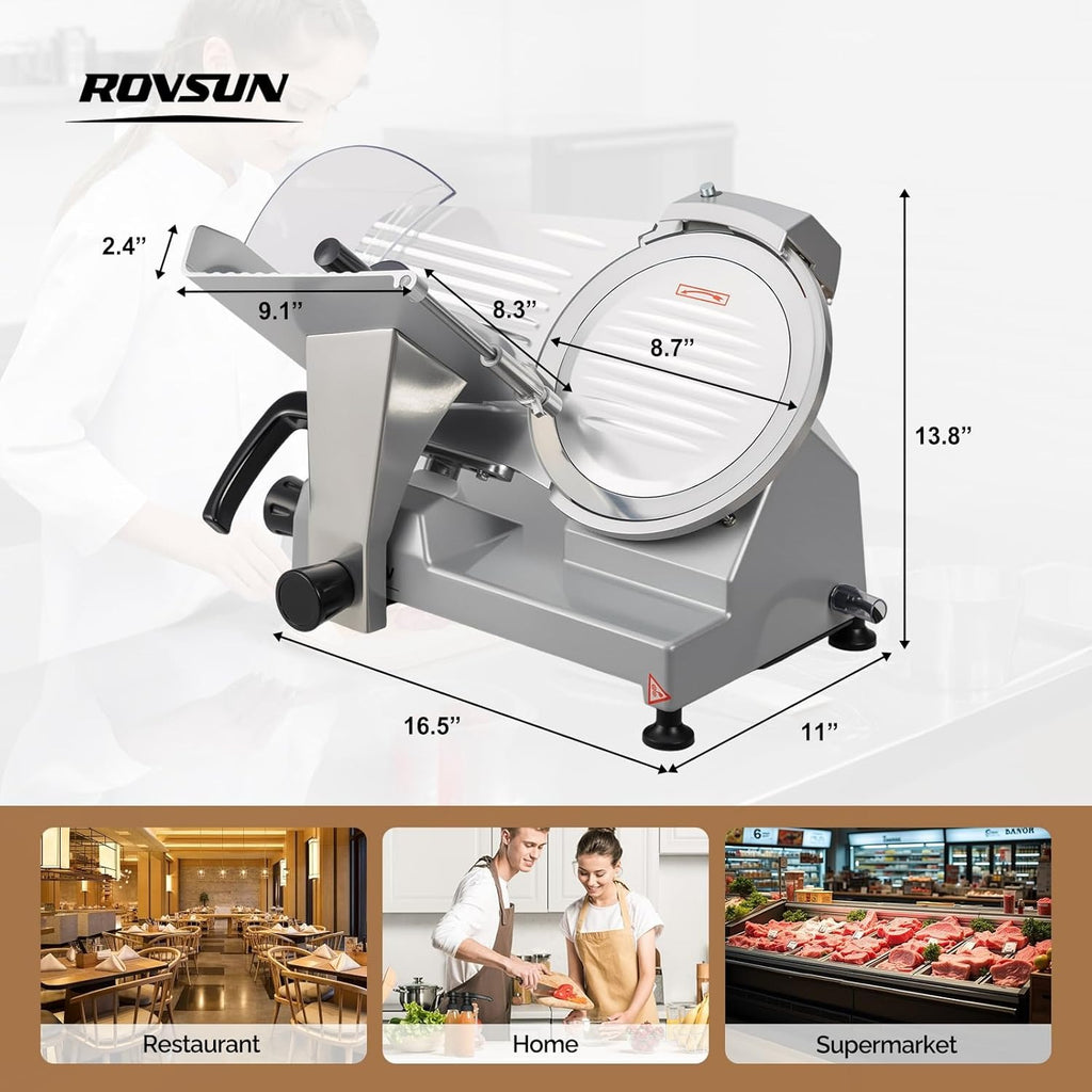 MEFEIR 8.7inch Commercial Meat Slicer, Electric Deli Food Slicer with Premium Chromium-plated Steel Blade, 0-12mm Adjustable Thickness, ETL Certified for Frozen Meat Ham Baguett Steak, Silver