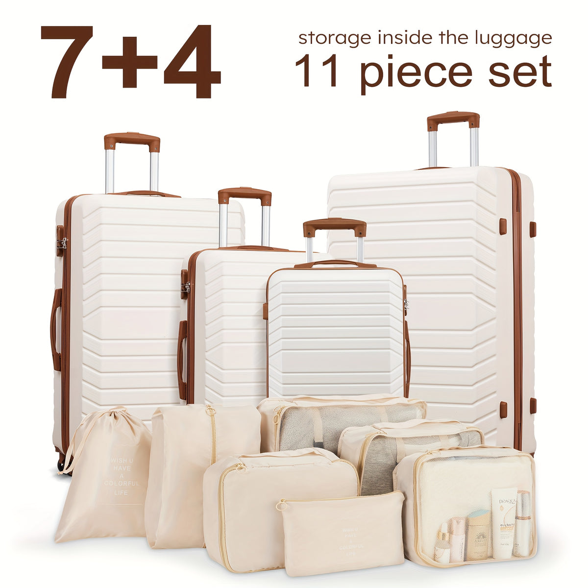 11pcs Luggage Set (4suitcases+7storage Bags) Large Capacity Luggage with Telescopic Handle Thick ABS Durable Hardshell with Dual 360°Swivel Wheels (20+24+28+32) Inch Suitcases