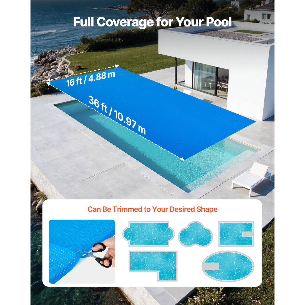 VEVOR Solar Pool Cover, 36 x 16 ft / 36 x 18 ft Rectangle Pool Bubble Cover, 12 Mil / 8 Mil Pools Solar Blanket with Bubble & PE Material, Daytime Heat Absorption, Nighttime Heat Retention, Heat Retaining Solars Covers, Blue