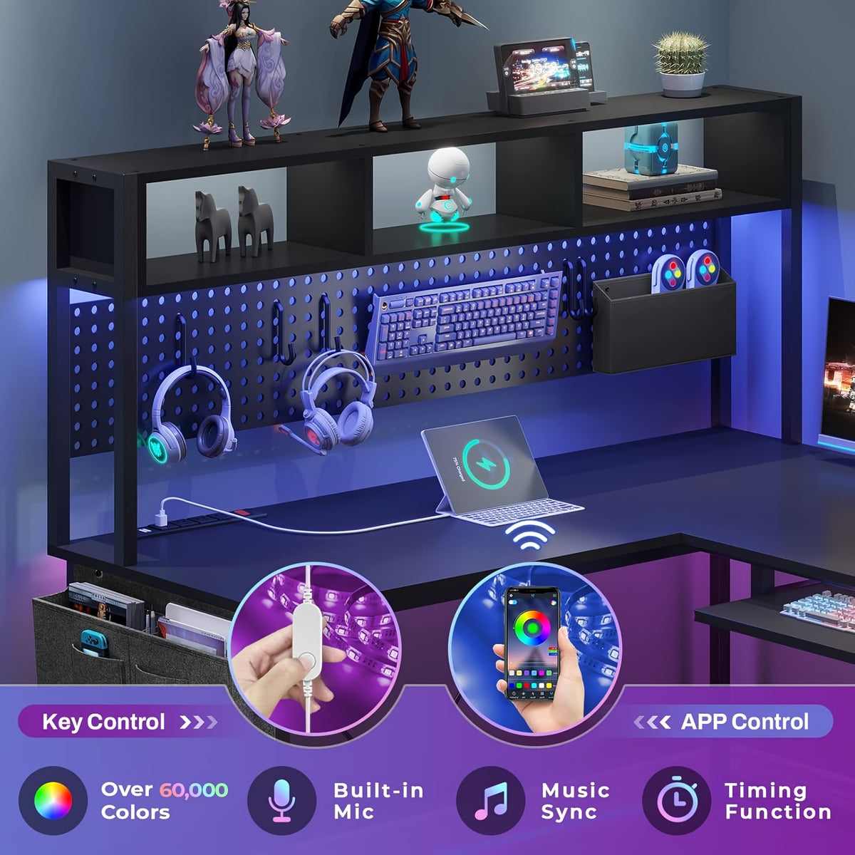L-Shaped Gaming Desk, Reversible from a 67-Inch Corner Setup to a 94.5-Inch Two-Person Workstation