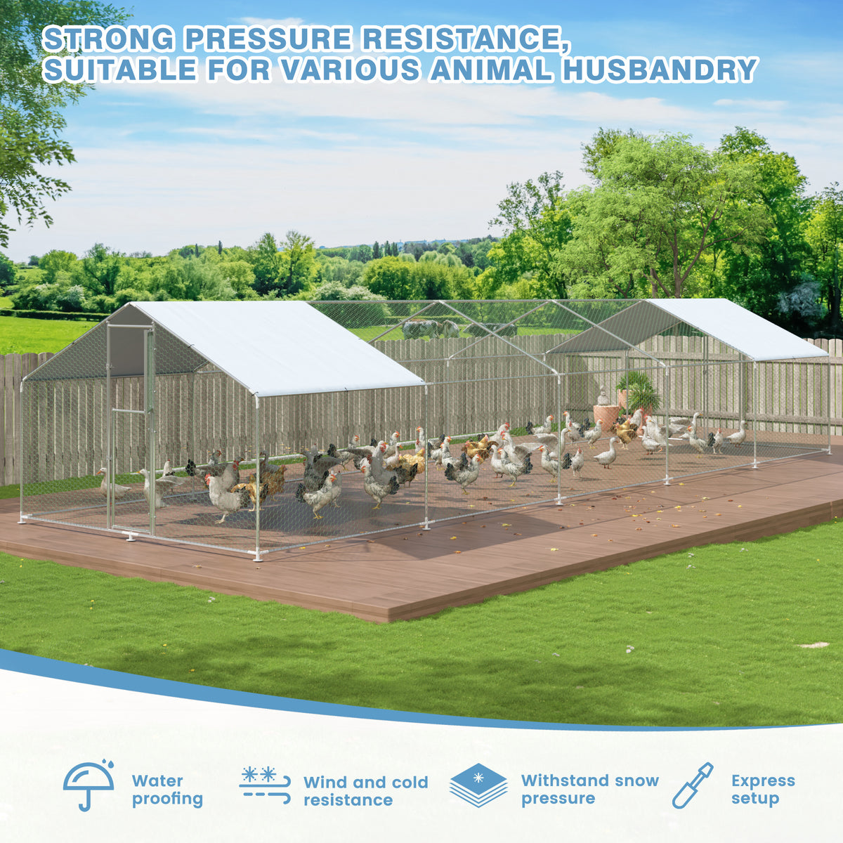 Walk-In Chicken Run with Feeding Port and UV-Resistant Cover, Galvanized Outdoor Poultry Enclosure
