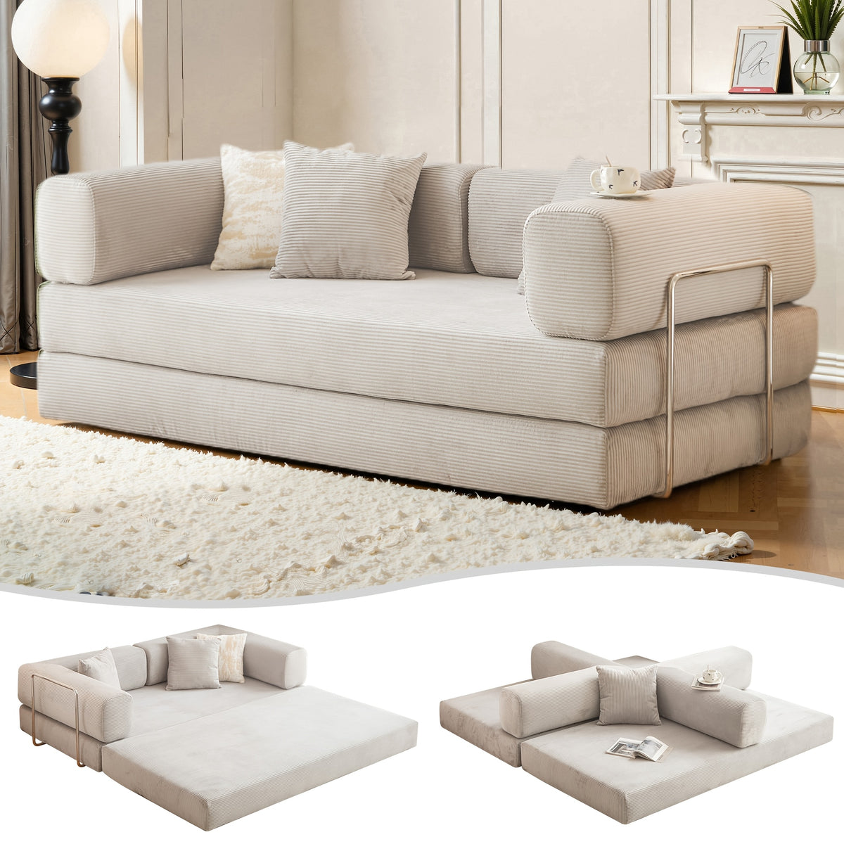 Convertible Floor Sofa Bed, Memory Foam Seating and Folding Armrests for Apartments and Guest Rooms
