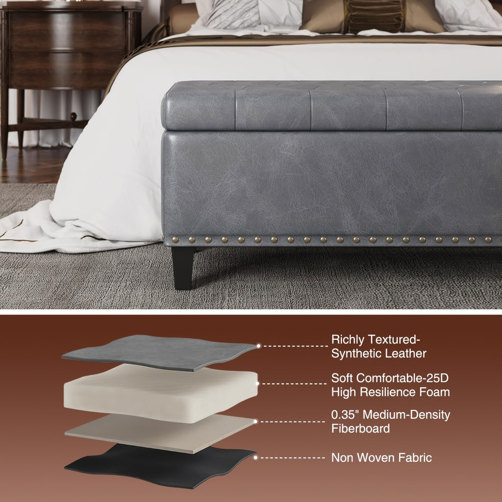 51-Inch Storage Ottoman Bench, Upholstered End of Bed Ottoman Bench with Storage and Seating, Large Faux Leather Bench for Foot Rest in Bedroom, Living Room, Entryway, Hallway