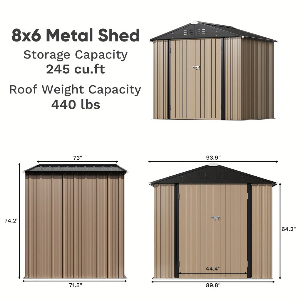 GUNJI 8 X 6 Ft Shed Metal Outdoor Waterproof Storage Shed Steel Utility Garden Tool Shed with Door And Lock Outdoor Storage for Garden Patio Lawn Poolside, Free Shipping
