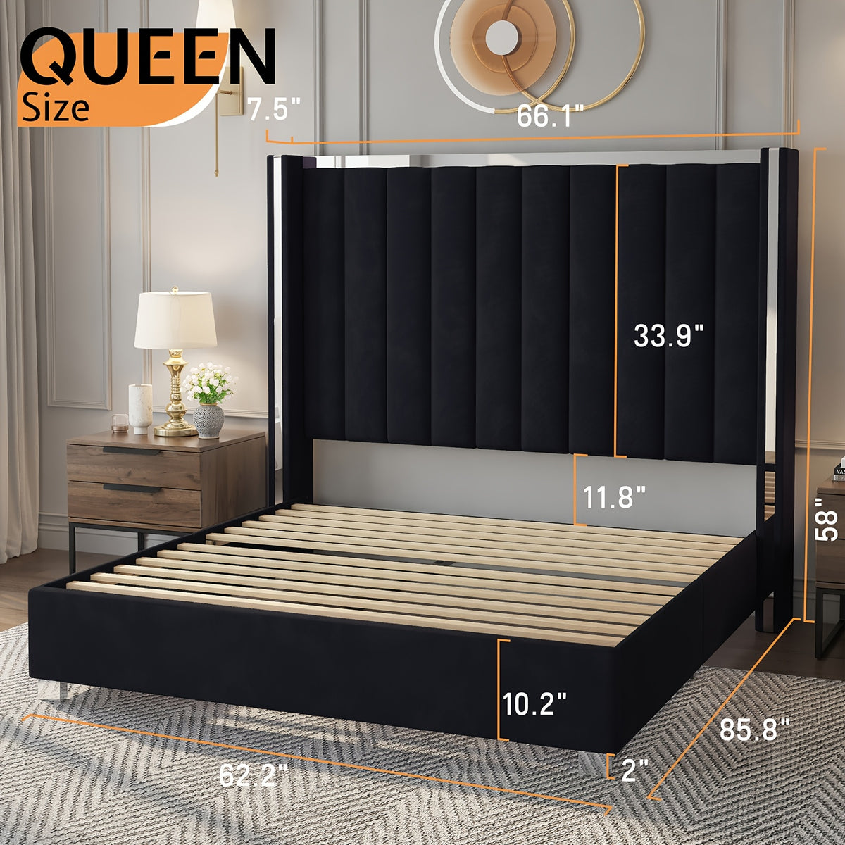 LUXOAK Velvet Upholstered Platform Bed with 58" Tall Channel Tufted Wingback Headboard, Plating Trim & No Box Spring Needed