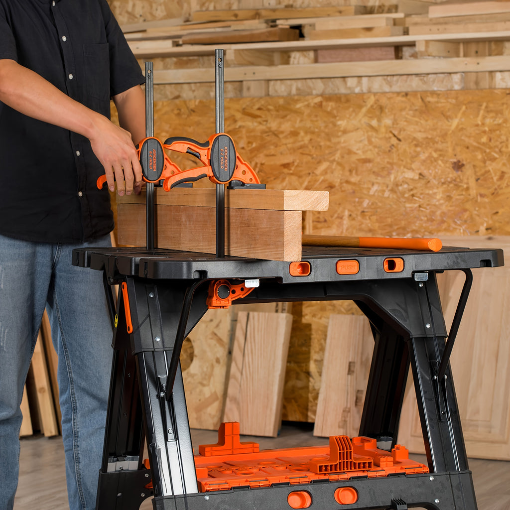 Portable Folding Work Table Pony, 2-in-1 as Sawhorse & Workbench, Load Capacity 1000 lbs-Sawhorse & 500 lbs-Workbench, 31" W×25" D×25"-32"H, with 4pcs Clamps, 4pcs Bench Dogs, 2pcs Safety Straps