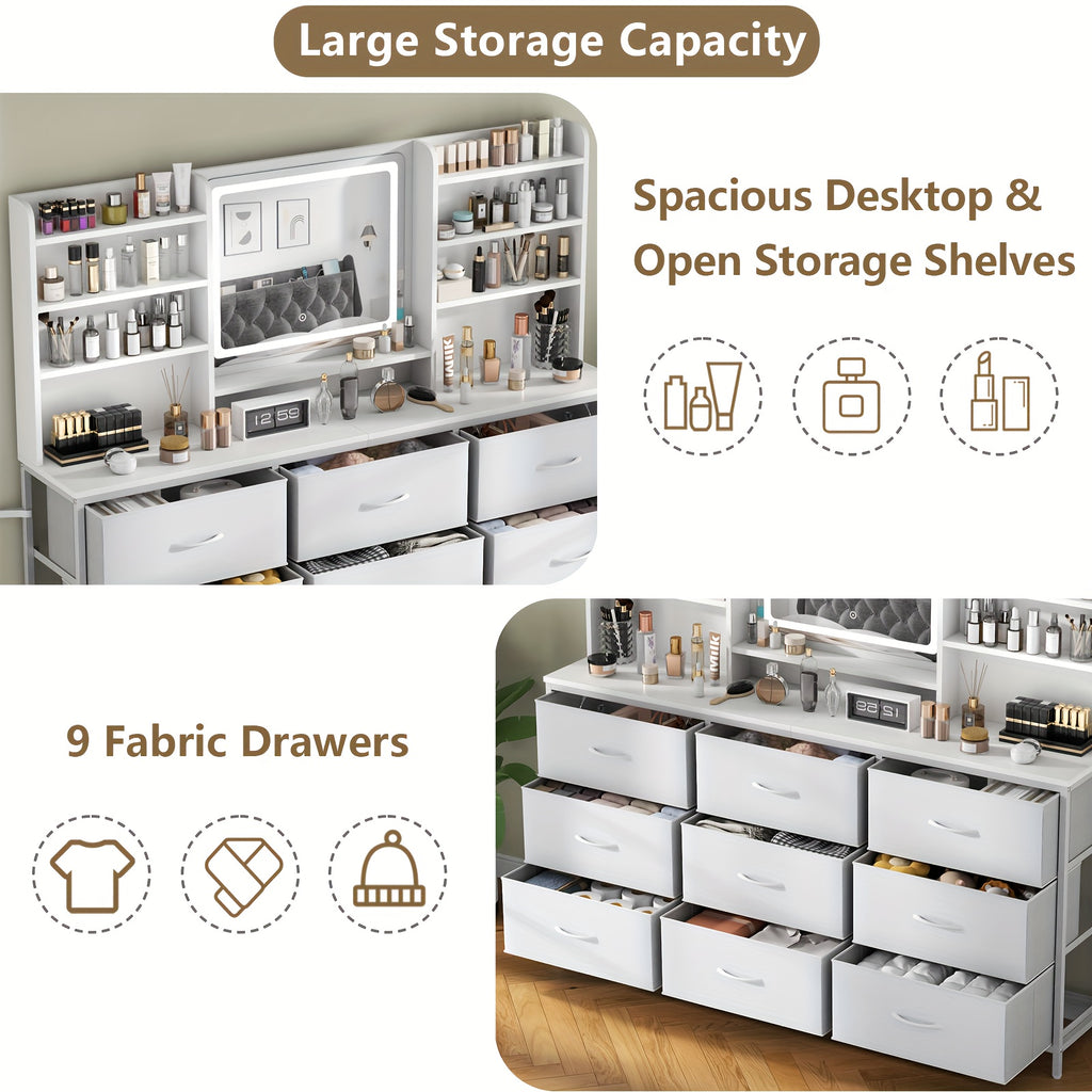 Chest Of 9 Drawers, White Dresser With 9 Fabric Drawers, Vanity With 8 Storage Shelves, Makeup Vanity Table, Vanity Desk With Large Mirror And LED Lights, Dressing Table For Bedroom, 3 Lighting Modes