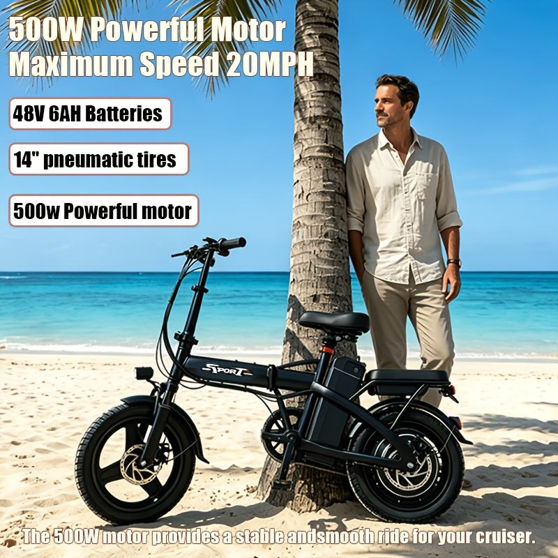 500W 20 Miles Per Hour Foldable Electric Bike For Adults, 48V 6Ah Removable Battery, 14" Ebike, Electric Mini Bike, The Range Is 30 Miles