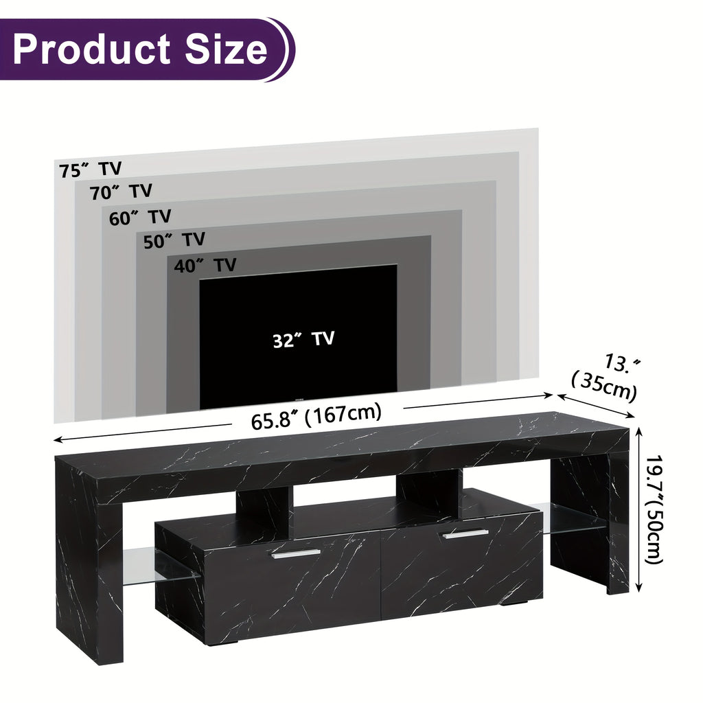 66 Inch White Black Marble TV Stand For 75 Inch TV, LED Gaming Entertainment Center, Glossy TV Console Table With Storage Drawers And Glass Shelves Xbox PS5 Game Console Cabinet For Living Room