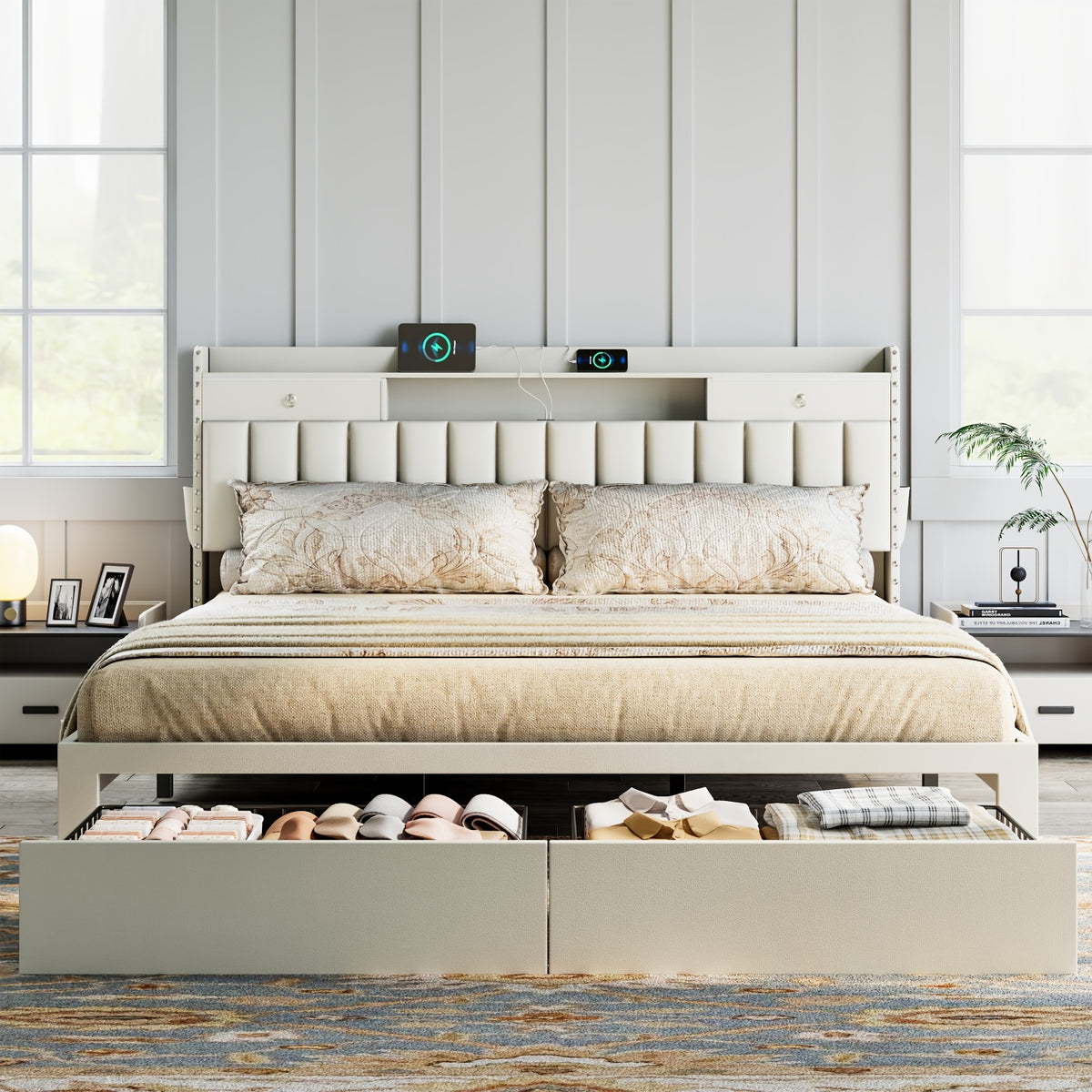 MRAEER Furniture Offers a Tri-Color Upholstered Bed Frame Available in Full, Queen, And King Sizes, Featuring Four Drawers And a Charging Station. Mattress Not Included, Operates Silently, And Does Not Require a Box Spring