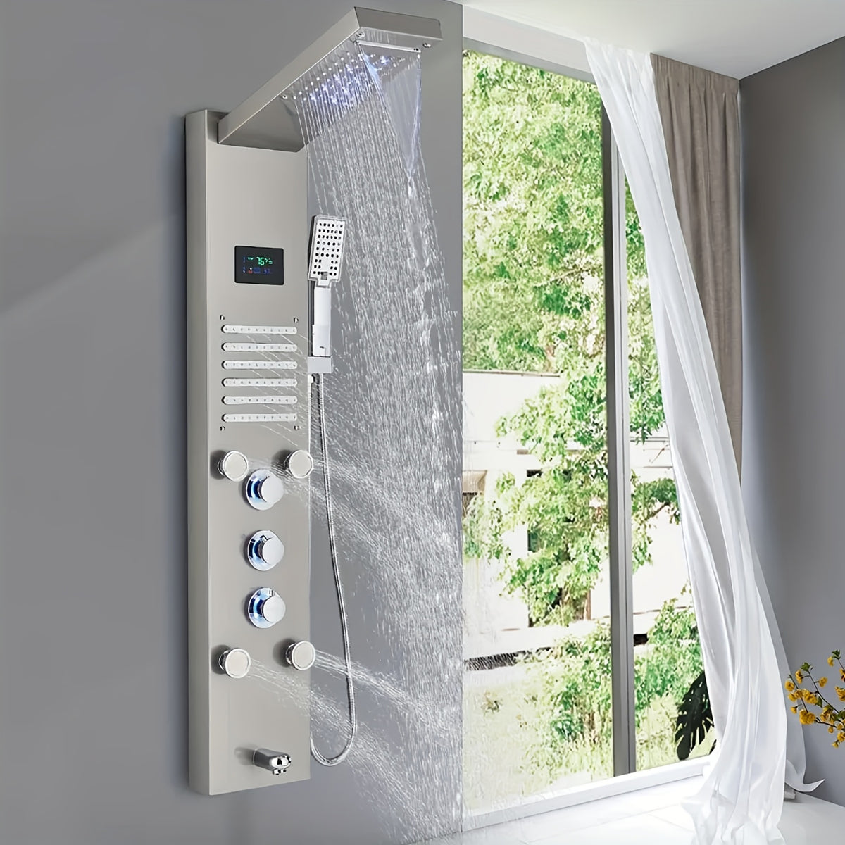 6-Function Modern Shower Panel Tower System with Rainfall Waterfall Shower Head, Handheld Shower & Massage Jets - Brushed Nickel Wall-Mounted Bathtub Faucet Suitable for Bath/Shower, Full Body System with Clarity Basin and Spout