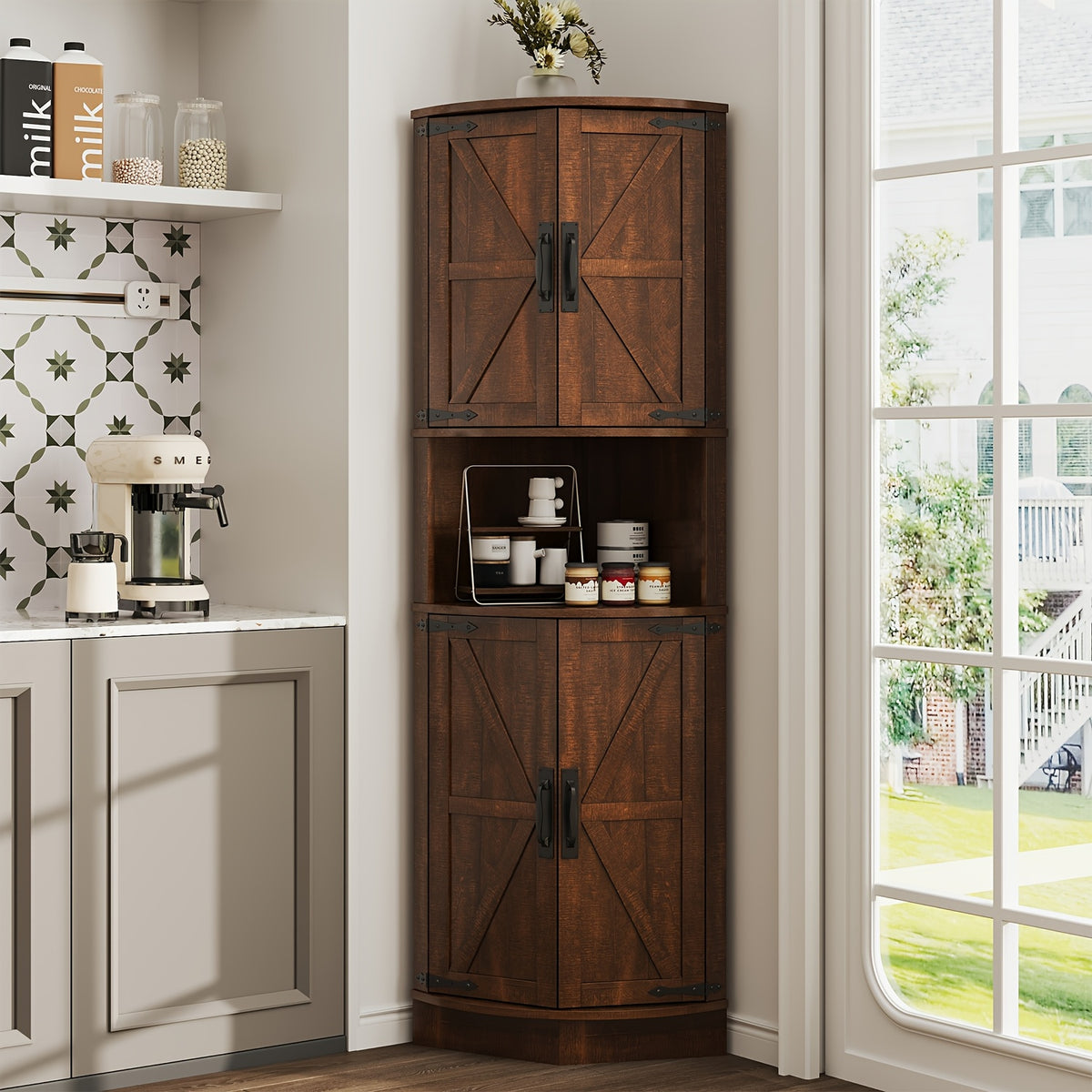 Farmhouse Corner Cabinet with Vintage Barn Door, 4 Doors & 5 Adjustable Shelves, Multifunctional Storage Organizer for Kitchen Corner, Dining Room, Laundry Room, Pantry | Freestanding Space Saver Cupboard White/Grey/Blue/Green