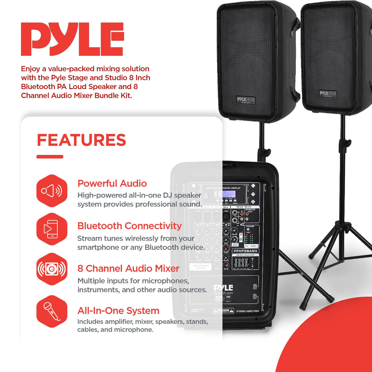 Stage & Studio DJ Speaker & Mixer Bundle Kit - (2) 8’’ PA Loud-Speakers, 8-Ch. Audio Mixer, Speaker Stands, Wired Microphone (300 Watt)