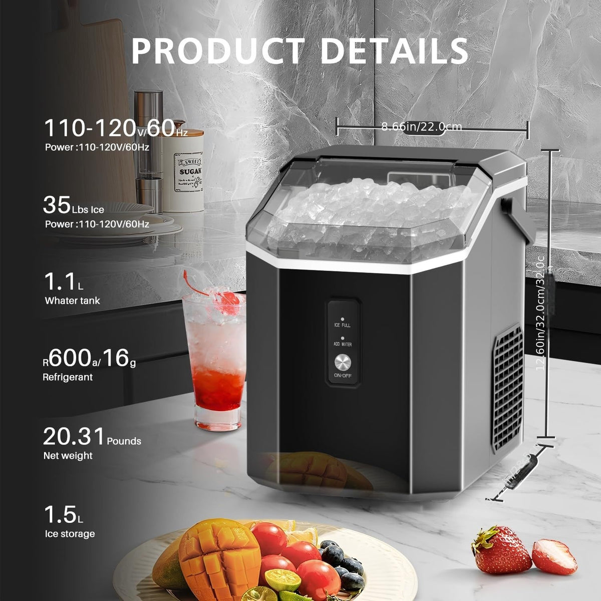 Nugget Bullet Ice Makers Countertop, Crushed Ice Maker With Handle 35 Lbs/ Day 26 Lbs/Day Soft Chewable Ice, Pebble Ice Maker With Self-Cleaning, Ice Scoop & Basket, For Home, Office, Kitchen, For Halloween, Christmas.