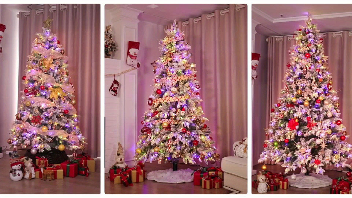 9ft Prelit Snow Flocked Artificial Christmas Tree with Multifunctional Remote, 8 Lighting Modes and 10 Brightness Musical Xmas Tree with Auto-Off Timer, 360 Degree Rotating Base Christmas Tree for Holiday Decorations