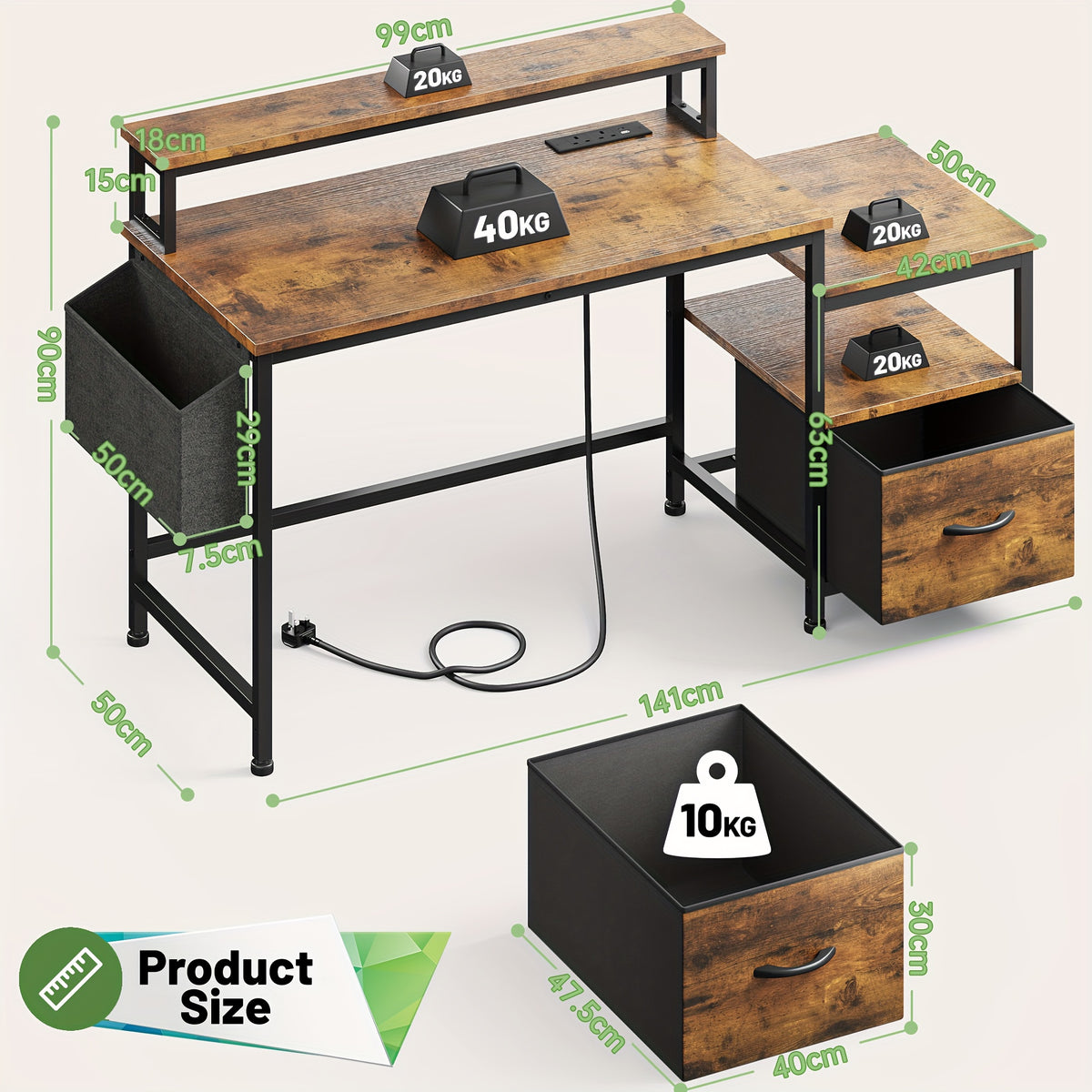 EnHomee 57" Computer Desk With Drawers And Printer Space, Office Desk With Power Outlets, Home Office Desks With File Drawers Cabinet, Study Writing And Gaming Desk With Shelves Monitor Stand