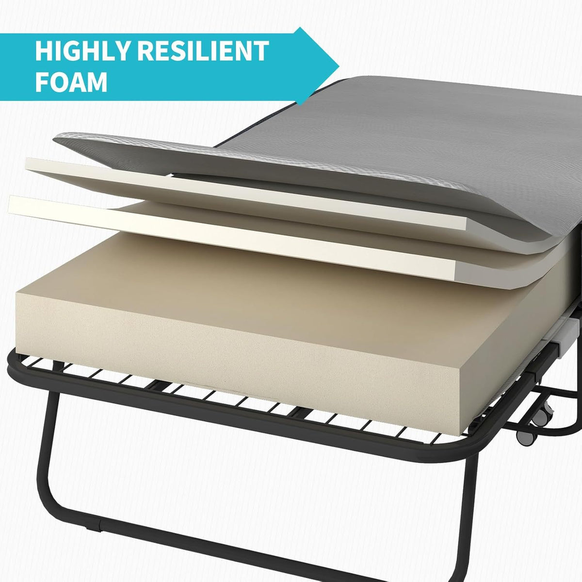 38In/31In Folding Bed with Foam Mattress Rollaway Bed, Space-Saving Guest Bed with Headboard, Portable Foldable Extra Bed for Adults with Sturdy Metal Frame