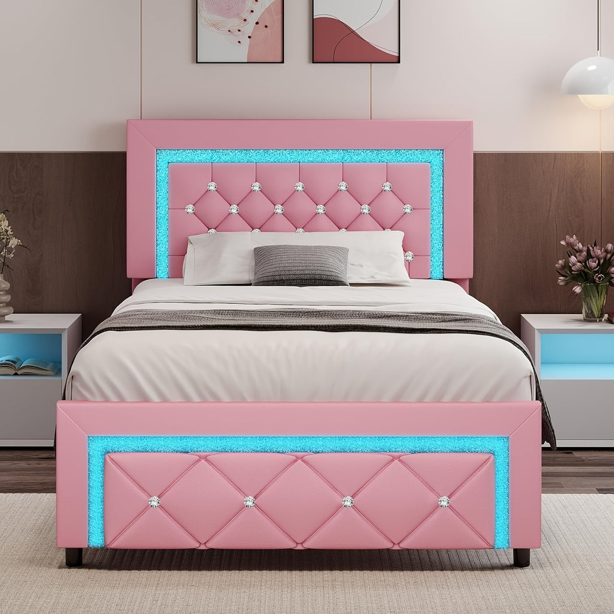 Twin Full Queen Bed Frame with LED Lights, Upholstered Platform Bed with Diamond Tufted Headboard, No Box Spring Needed, Noise Free, Easy Assembly, Black/Pink/White