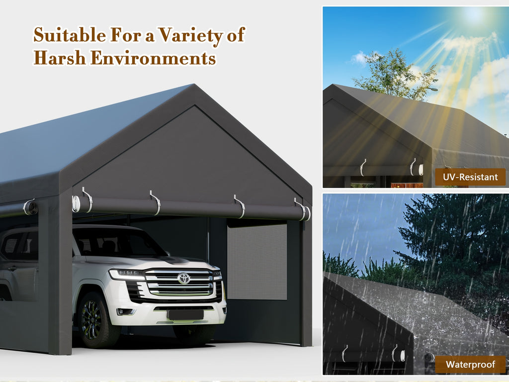 JAMFLY Sturdy Carport Featuring Roll-Up Ventilated Windows, Outdoor Canopy, Portable Garage Gazebo Equipped with Detachable Sidewalls & Doors for Vehicles, Truck, Boat, All-Season Tarp Car Canopy