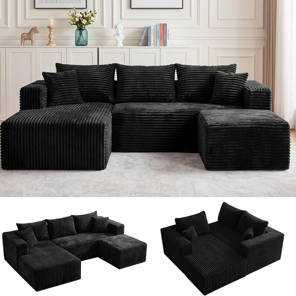 95 Inch L-Shaped Sectional Sofa, Fluffy Corduroy Cloud Sleeper Couch, Free Combination Boneless Sofa with Wide Chaise And Ultra-Deep Seating, Cozy Lounge Furniture for Apartment, Living Room, Easy Setup