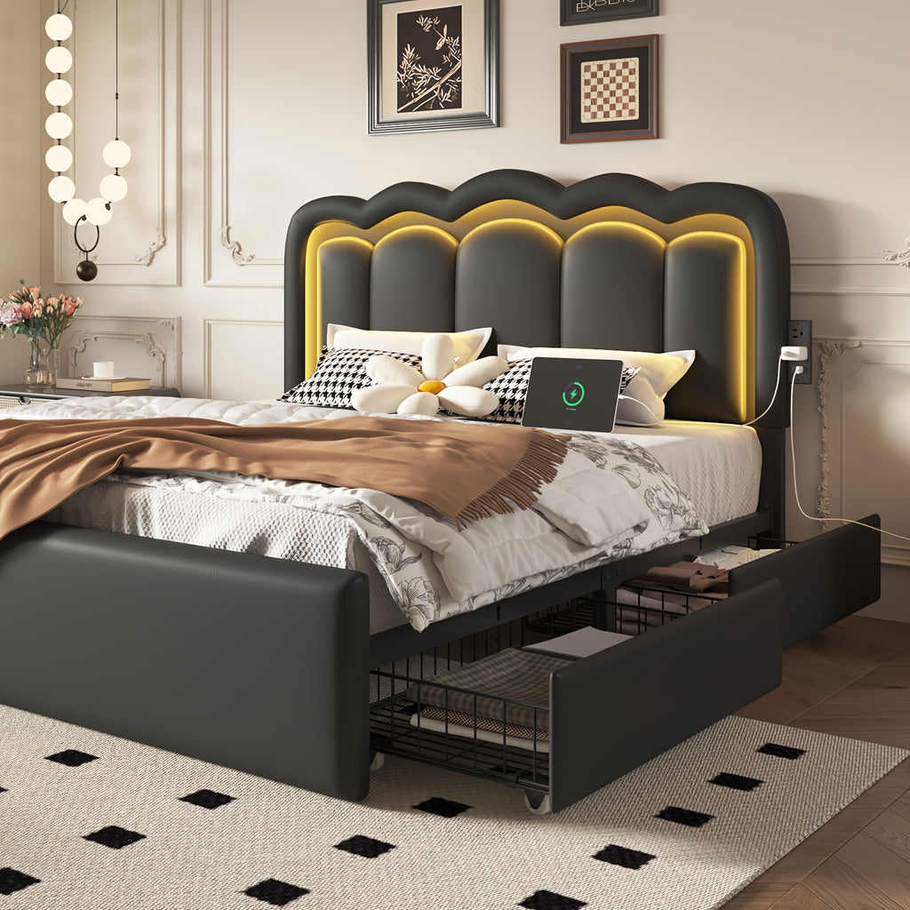 Upholstered Platform Bed Frame with 4 Storage Drawers & Adjustable Headboard, Full/Queen Size Bed Frame with LED Lights & Charging Station, Strong Metal Slats Support, No Box Spring Needed, Easy Assembly, Black/White