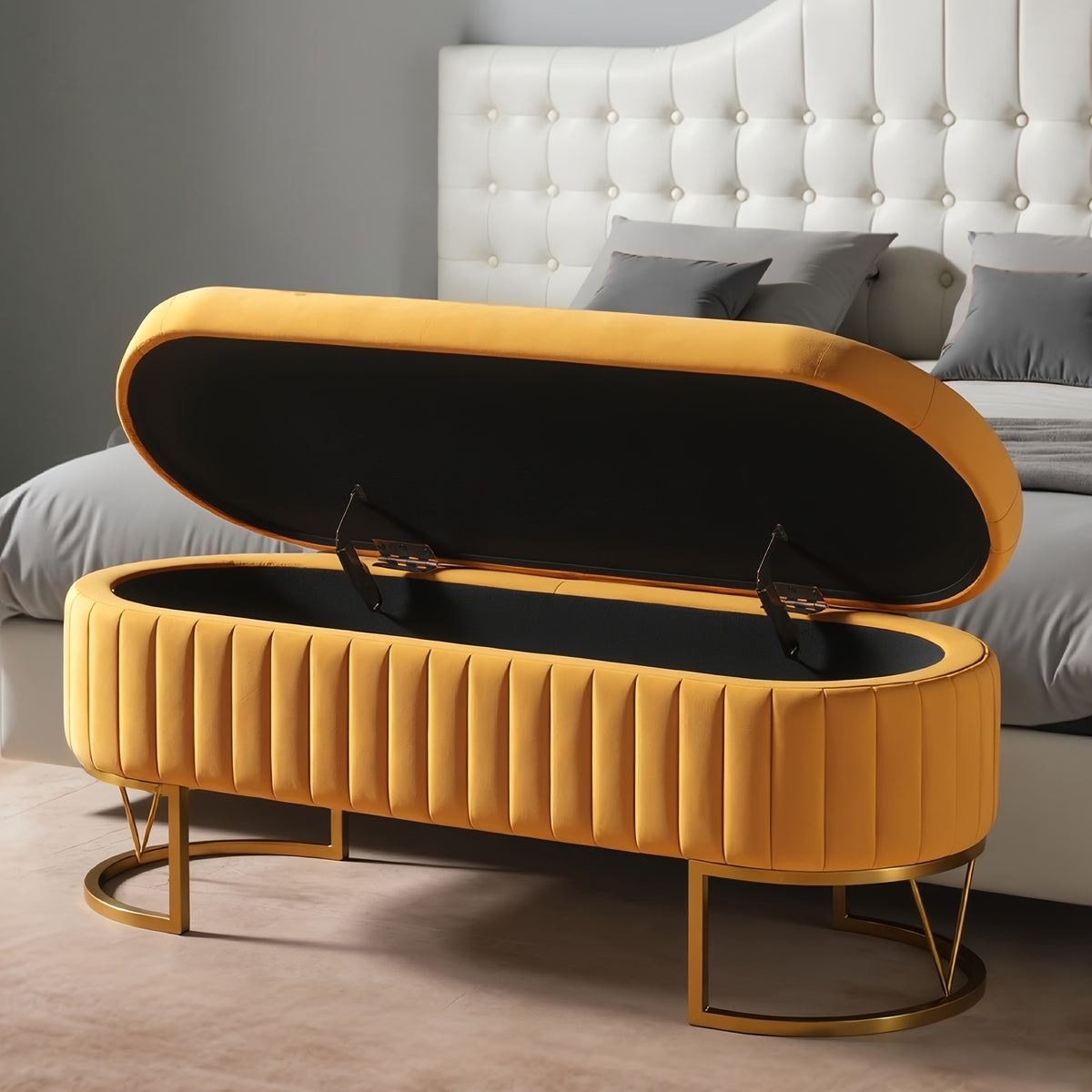 Modern 46”/46.5” (depending on orientation) Oval Velvet Storage Bench with Hinged-Lid Mechanism & Flip-Top Lid - Plush Upholstered Ottoman for End of Bed, Entryway, Living Room - Wood Frame & Luxury Design, Space-Saving Furniture (Standalone)