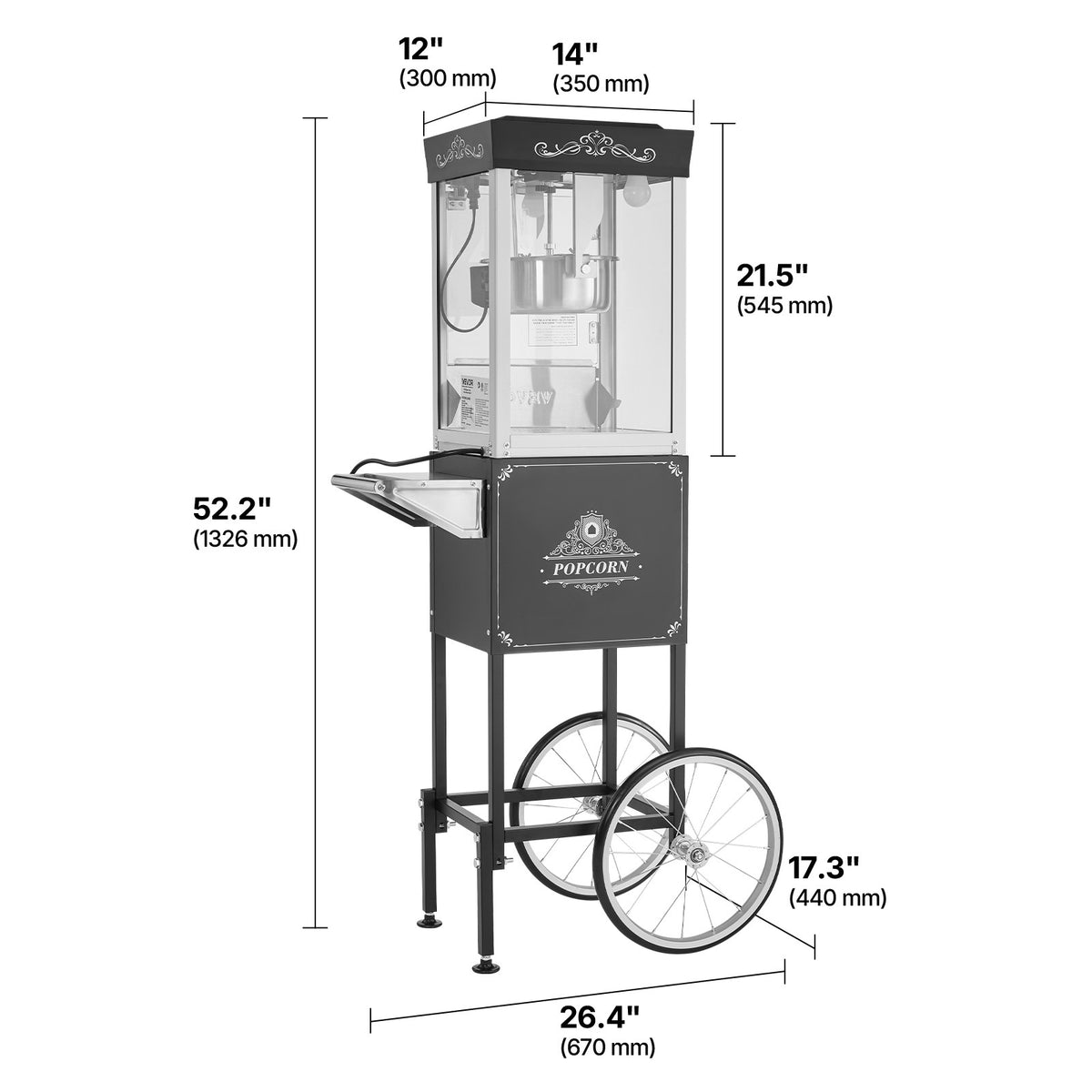 VEVOR Popcorn Machine with Cart Popcorn Popper Maker 800W 8oz Kettle 48 Cups Black/ Red/ White