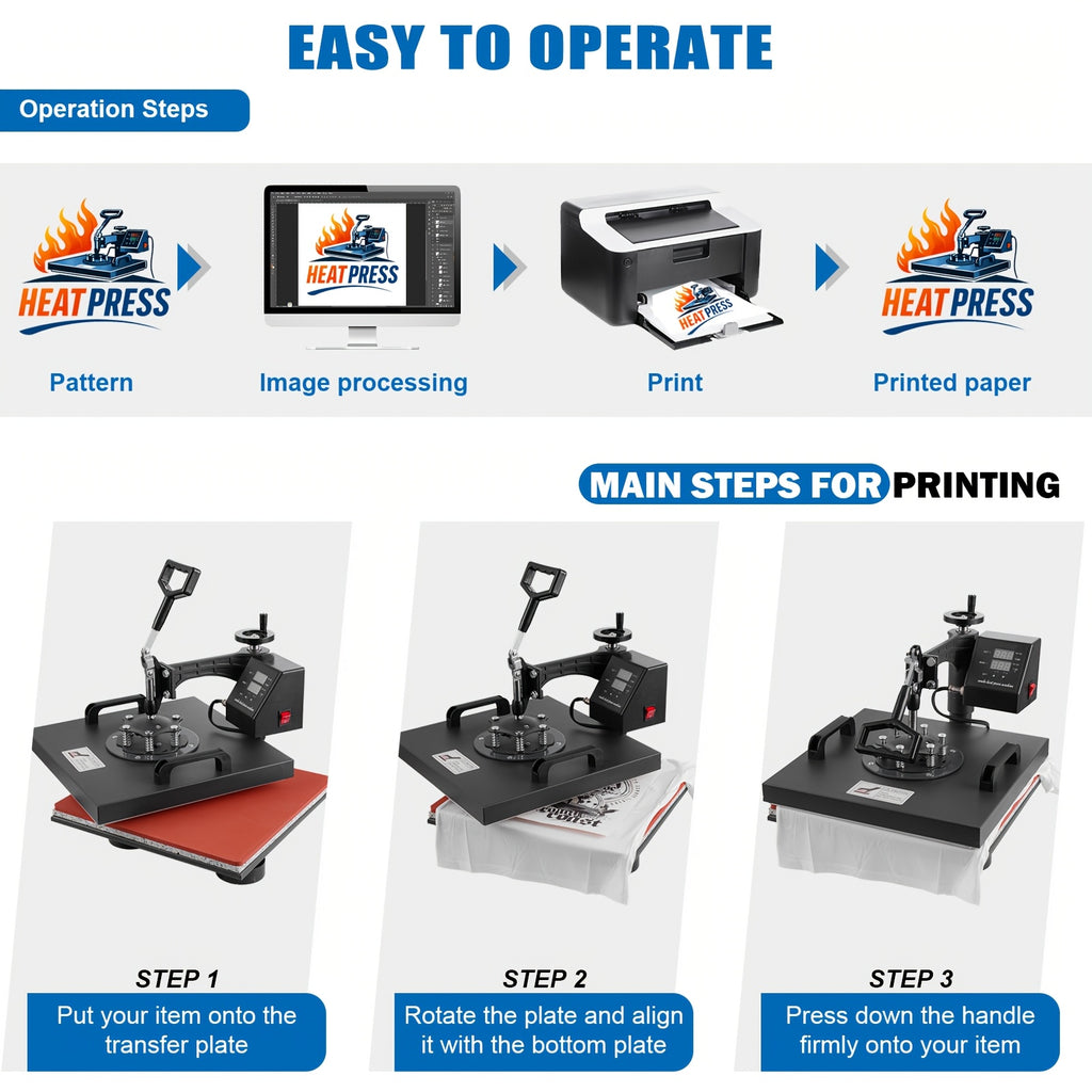 8-in-1 Heat Press Machine, Equipped with 15x15 Inch / 15x12 Inch Pressure Plates, 360° Rotating T-shirt Heat Transfer Machine, Digitally Controlled Dual LED Display, Suitable for Sublimation Transfer on T-shirts, Hats, Mugs, Plates, and Other Items