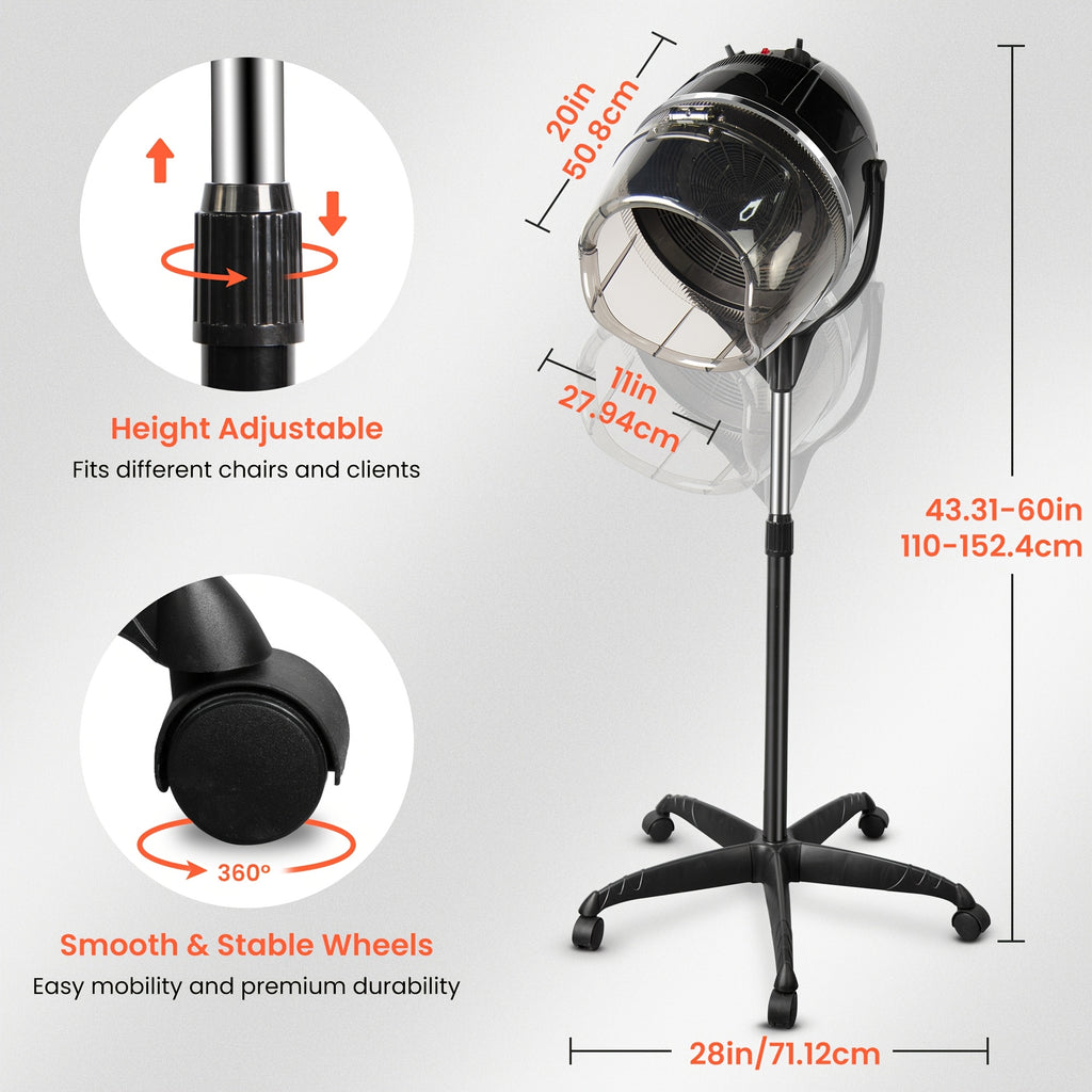 Professional Adjustable Hooded Bonnet Hair Dryer Stand with Rolling Wheels And Timer - Portable Floor-Standing Dryer for Home Salon And Beauty Spa, Bonus 3pcs Eyebrow Razors