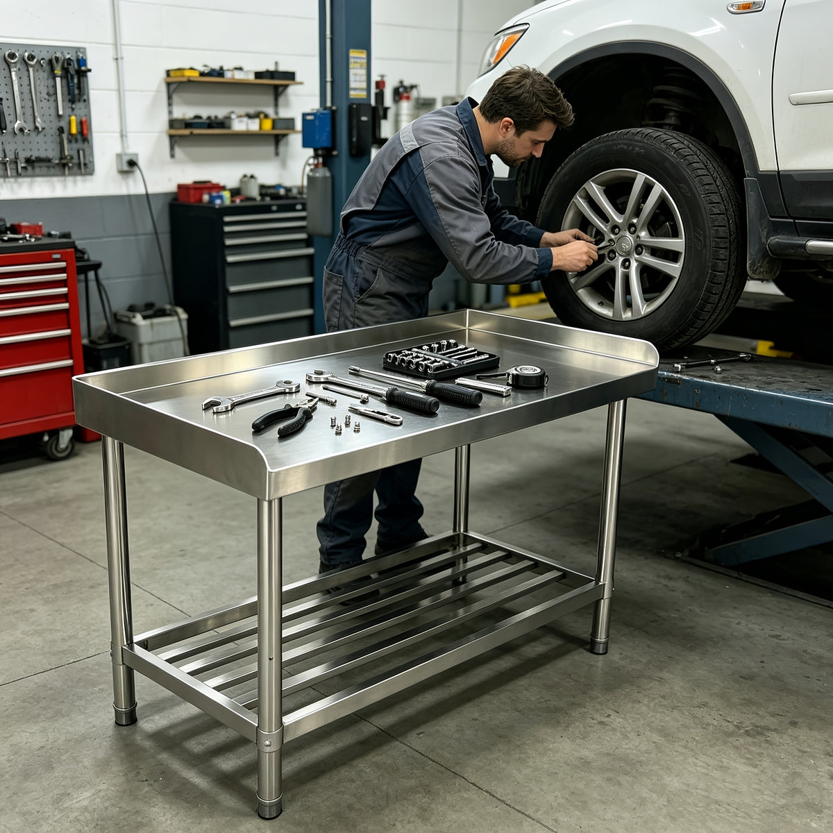 Stainless Steel Table with Backsplash, 48 X 24 Inches Metal Prep And Work Table with Adjustable Undershelf, for Outdoor, Restaurants, Hotels, Workshops, Kitchens, Garages And Gardens