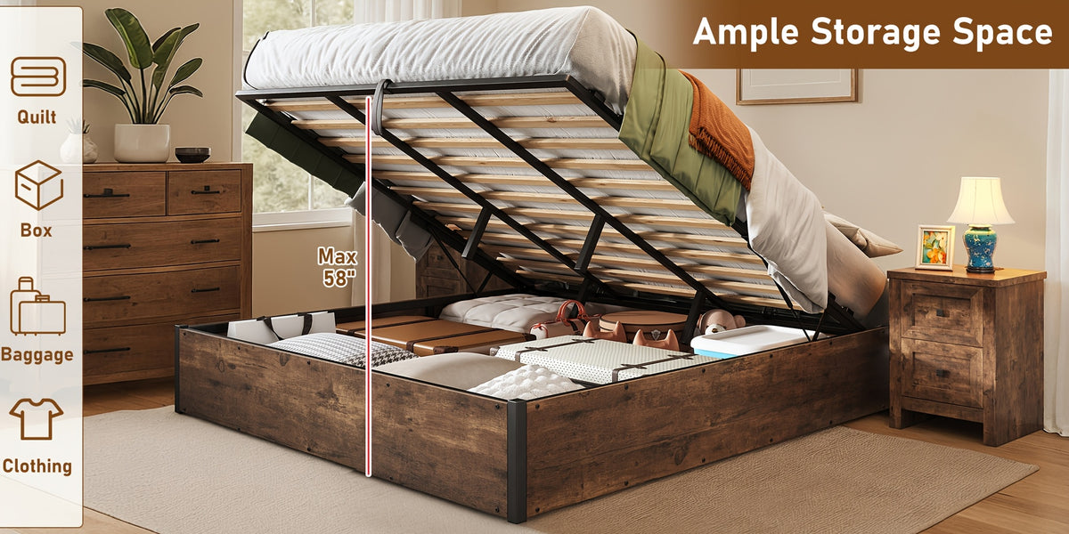 Lift Up Storage Bed with Storage Underneath, Wooden Platform Bed Frame, Solid Wood Slats Support, No Fixed Headboard, No Box Spring Needed