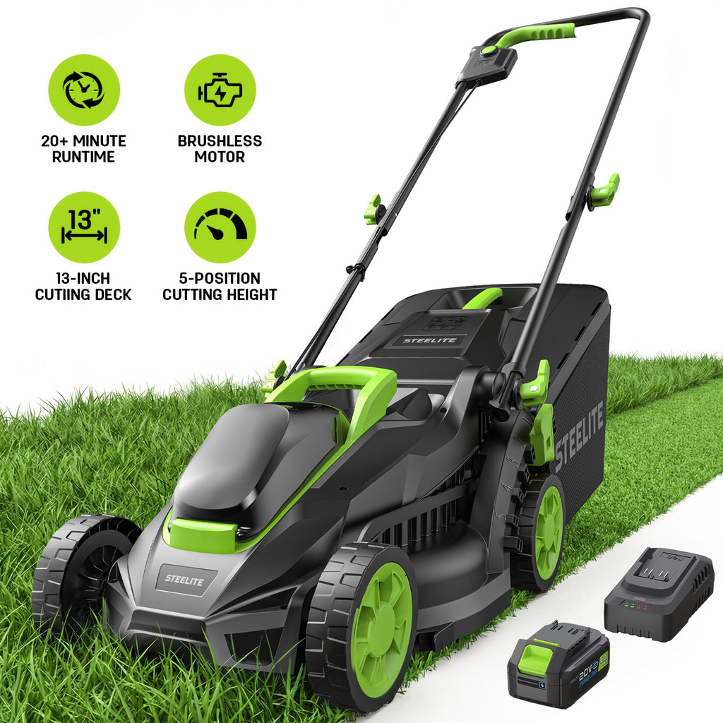 Deli Steelite 13-Inch Cordless Lawn Mower, 21V Electric Lawnmower with Brushless Motor for Garden, Configuration 1 Battery And 1 Charger Or 2 Batteries And 1 Charger