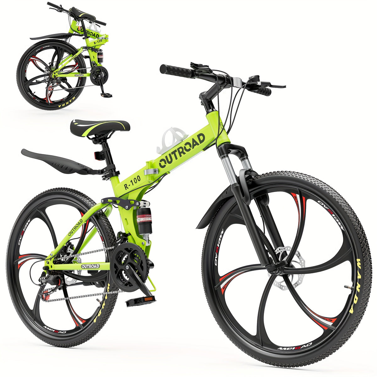 26 Inch Adult Folding Bikes/Mountain Bikes, 21 Speeds Mountain Bicycles With Full Suspension, Dual Disc Brake, High Carbon Steel Frame, Foldable Bike For Men/Women/Teen (Green&Black)