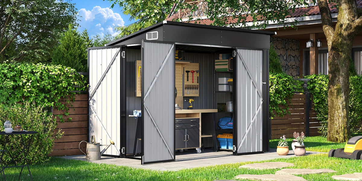 Outdoor Storage Shed, 4 x 8 Ft—Lockable Triple-Door Access and a Sloped Roof for Tools, Bikes and Patio Gear