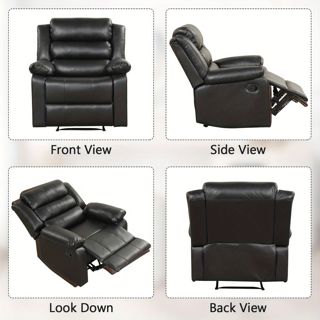 Black Recliner Chair with Overstuffed Arm and Back, Breathable Faux Leather Manual Reclining Chairs, Living Room Single Sofa Recliners