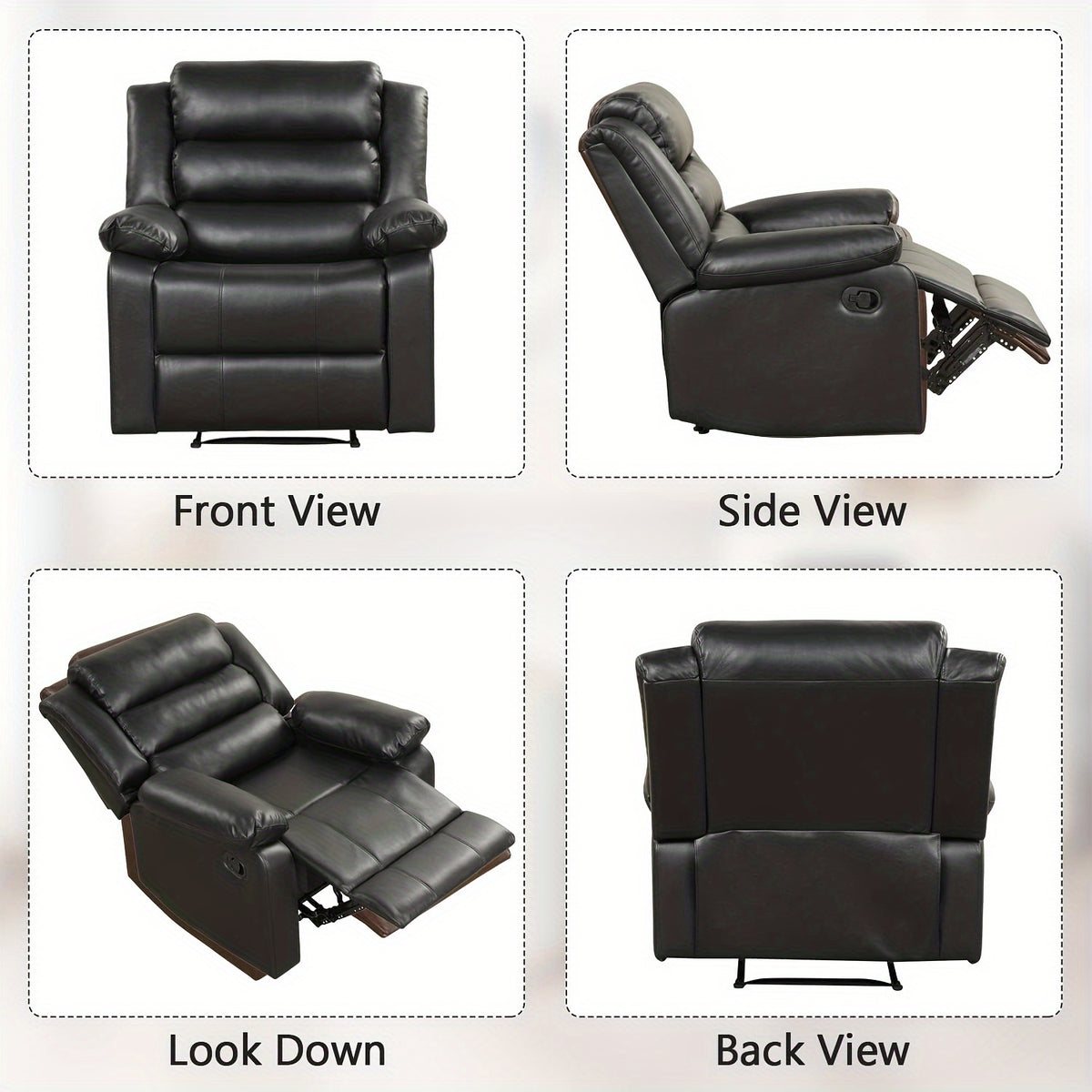Black Recliner Chair with Overstuffed Arm and Back, Breathable Faux Leather Manual Reclining Chairs, Living Room Single Sofa Recliners