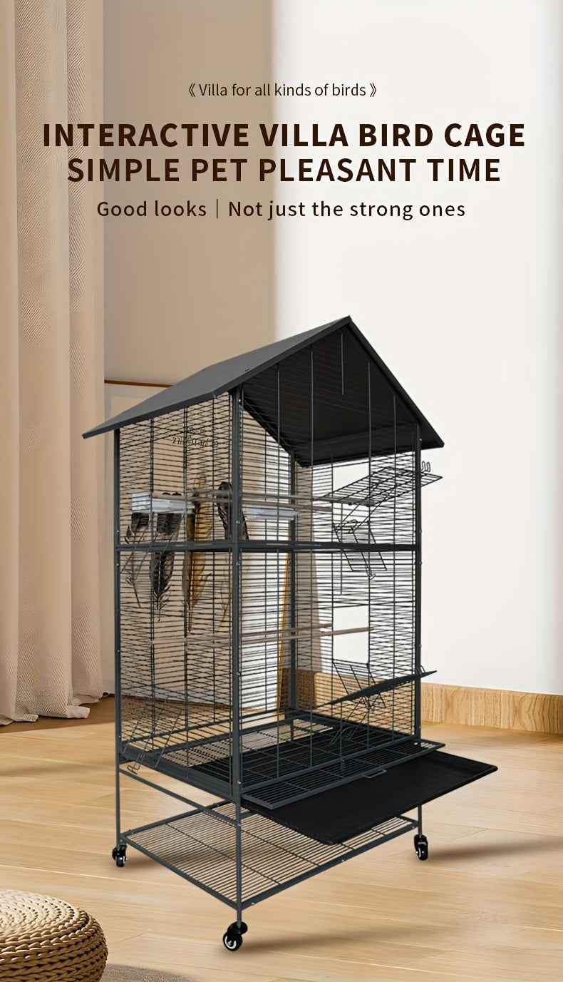 Luxury Villa Birdcage, Extra Large Parrot Cage with Wheels And Roof, Easy Assembly Bird Aviary for Macaw, Roosteratiel, Parakeet, Lovebird, Finch, with Horizontal Wire. Flight Cage Ideal for Breeders