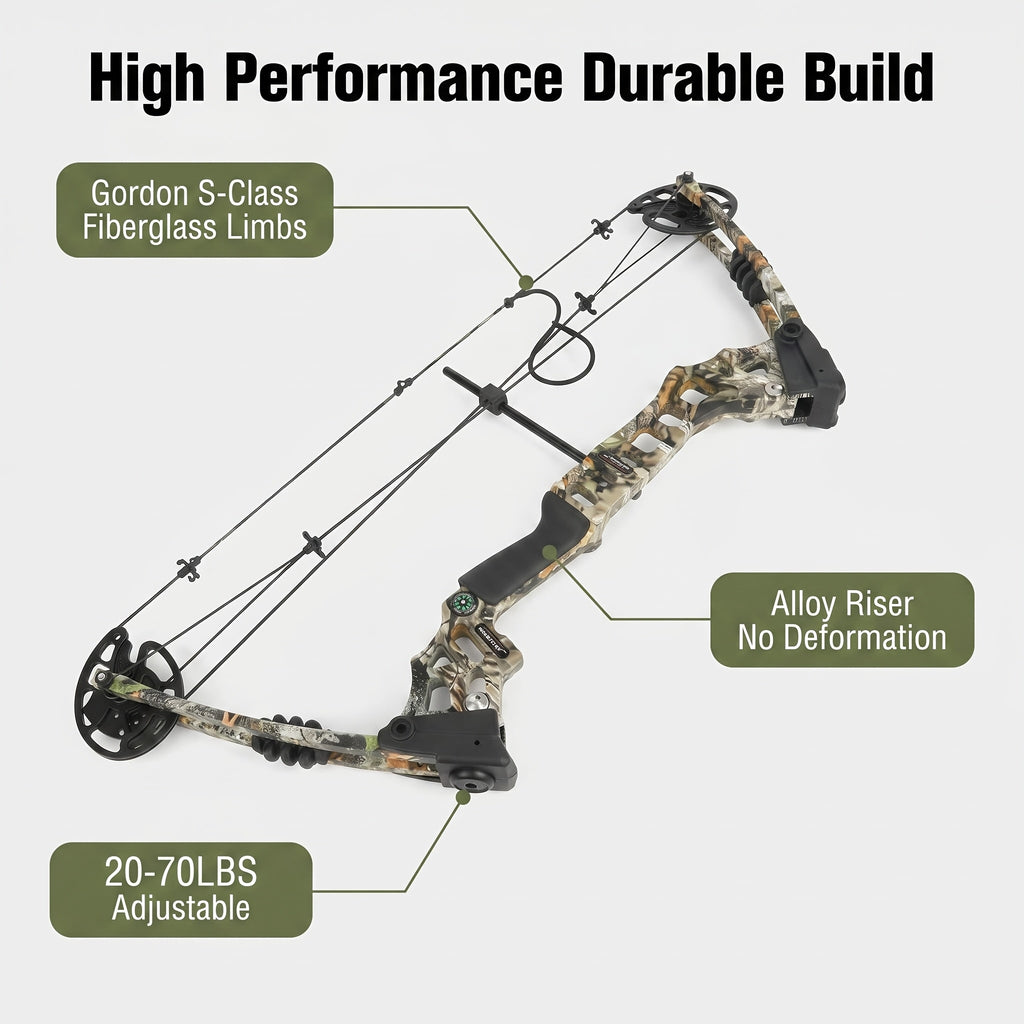 Composite Bow Camouflage Series Archery Set Made of Aluminum Alloy Material for Outdoor Hunting and Shooting. Composite Bow Tension Is Adjustable from 20 Lbs to 70 Lbs, Suitable for Beginners