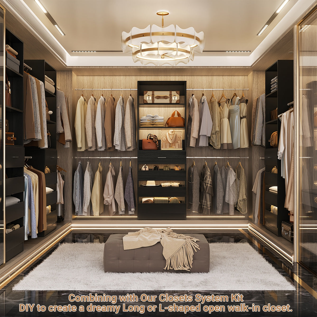 Closet System, Closet Organizer System with 4 Wooden Drawers, Walk-in Closet Wardrobe Clothes Rack with 4 Hanging Rods, Fit for 4-9ft Space, Garment Rack, White, Mounted Closet Systems