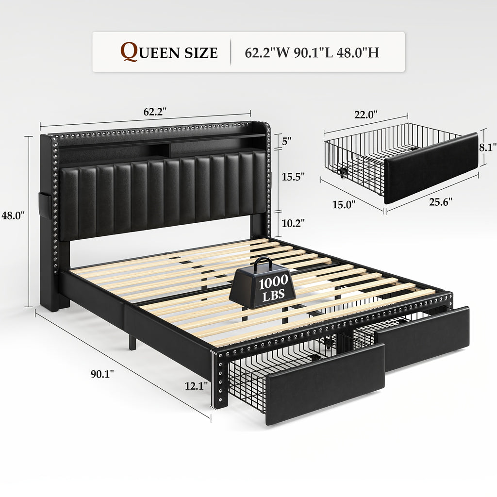King Size Upholstered Bed Frame with Storage, 2-Tier Headboard And 2 Drawers, Sturdy Wood Slats, No Box Spring Needed, Noise-Free, Modern Grey/Beige, Easy Assembly, Space Saving