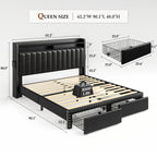 King Size Upholstered Bed Frame with Storage, 2-Tier Headboard And 2 Drawers, Sturdy Wood Slats, No Box Spring Needed, Noise-Free, Modern Grey/Beige, Easy Assembly, Space Saving