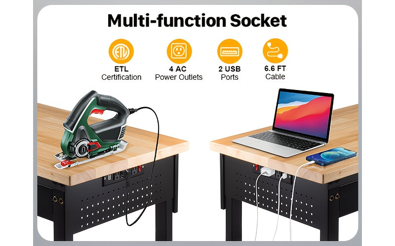 96"84"72"60"48"Adjustable Height Workbench with Power Outlet & Pegboard, 28"-40"Height Heavy Duty Solid Wood Work Table with 2000 to 5000 LBS Load Capacity for Garage, Shop, Office, Home