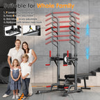 Pull Up Bar Dip Station, Power Tower with Folding Dumbbell Bench & Backrest, Adjustable Height Pull Up Bar Stand, Multi-Function Home Gym Strength Training Fitness Equipment 330LBS